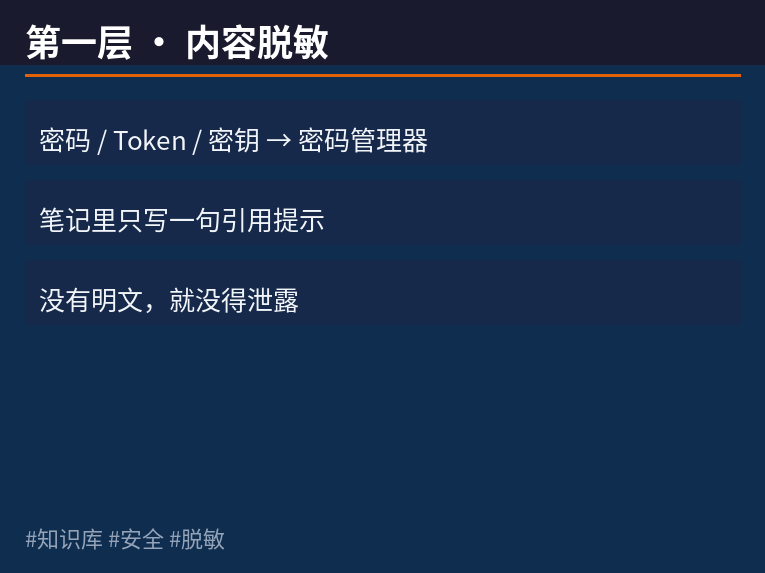 第一层 内容脱敏：密码进密码管理器，笔记只写引用